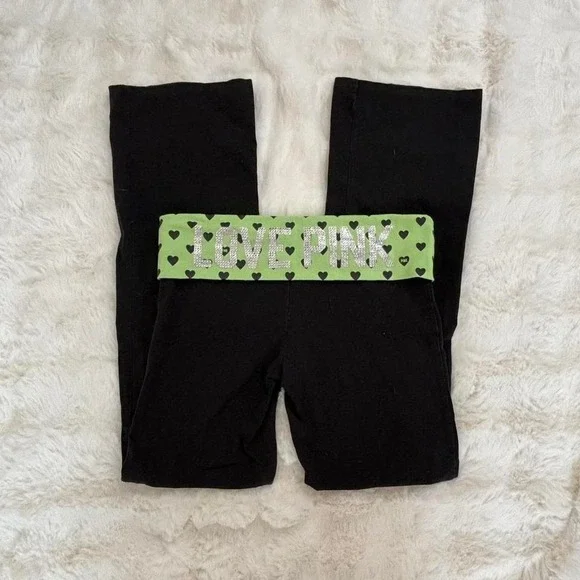victoria's secret pink yoga fold over flare pants green hearts - Picture 8 of 8